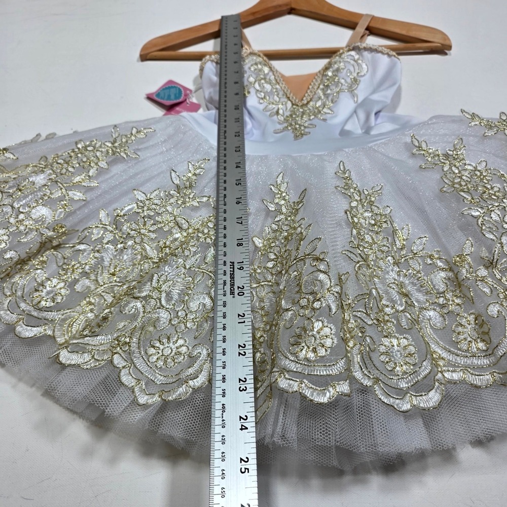 Oridoor Professional Ballet Tutu Girls 130 White Gold Sequin Lace Dance Costume - Picture 3 of 8